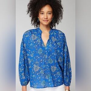 J.Jill Royal Blue Floral Puff Sleeves Oversized Split-Neck Top Sz Medium Petite.